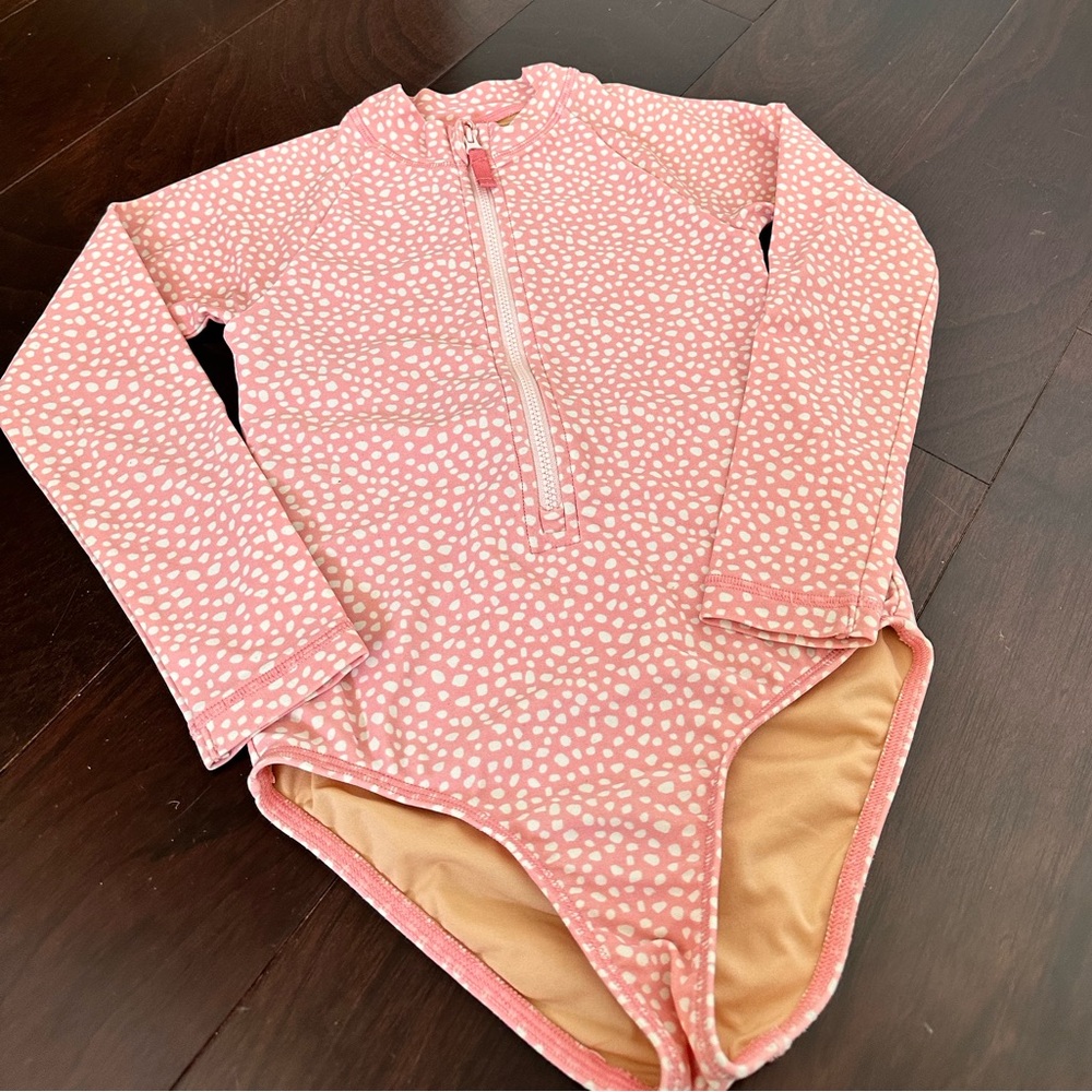 J Crew Girls one piece rashguard in pink rocks, UPF50+, size 4-5